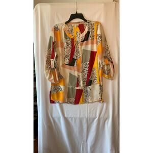 Colorful VTG Chaus New York Sheer Split Crew Neck Blouse Roll Tab Sleeve M
